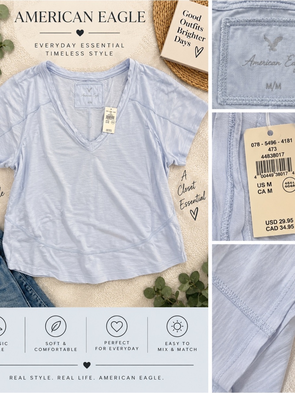 American Eagle Outfitters Light Blue V-Neck Short Sleeve Tee